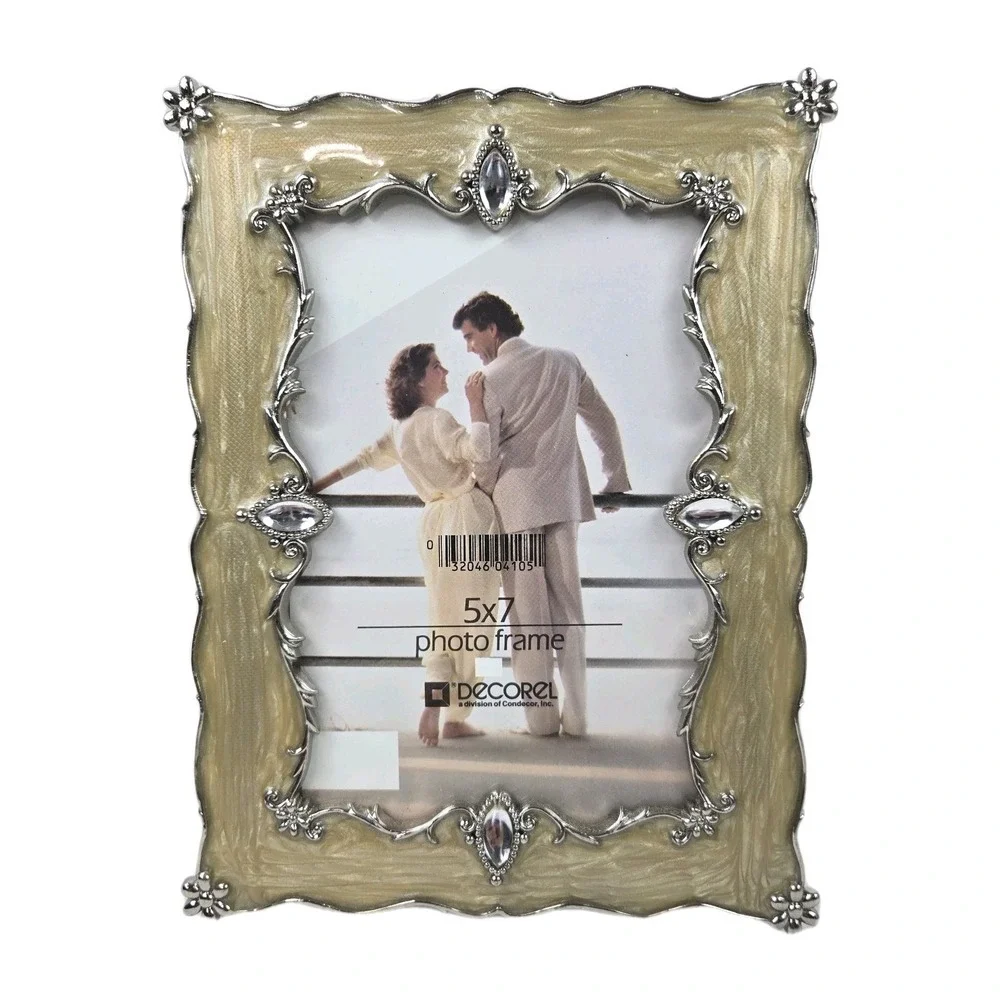 Decorel 5x7 Ornate Filigree Photo Frame Beige Enamel and Jewels Free Standing